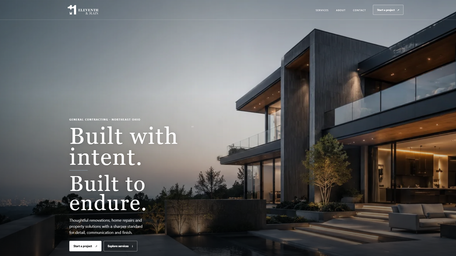 Eleventh & Main modern general contracting website design by SUTSTONE LLC