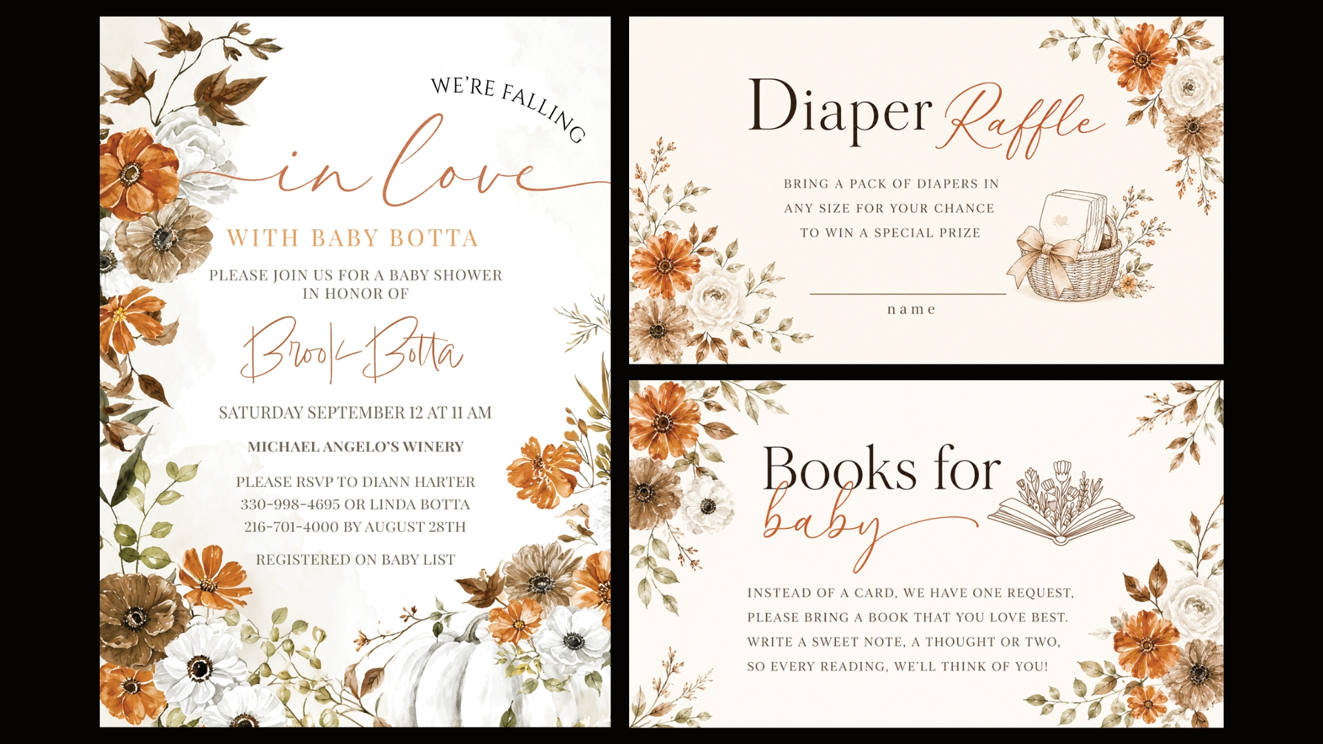 Botta Baby Shower invitation diaper raffle and books for baby card graphic design